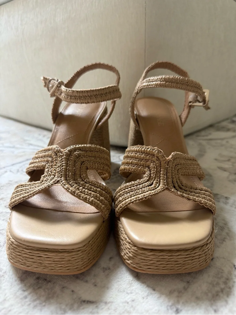 Woven Tan Platform Block Heel Sandals - Women